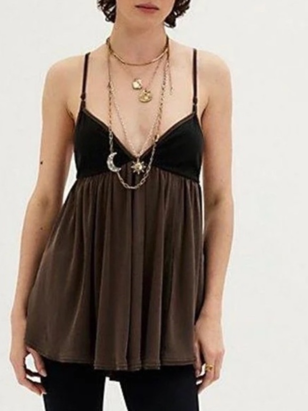 FREE PEOPLE TRIXIE STRAPPY TUNIC TOP BROWN BLACK LG